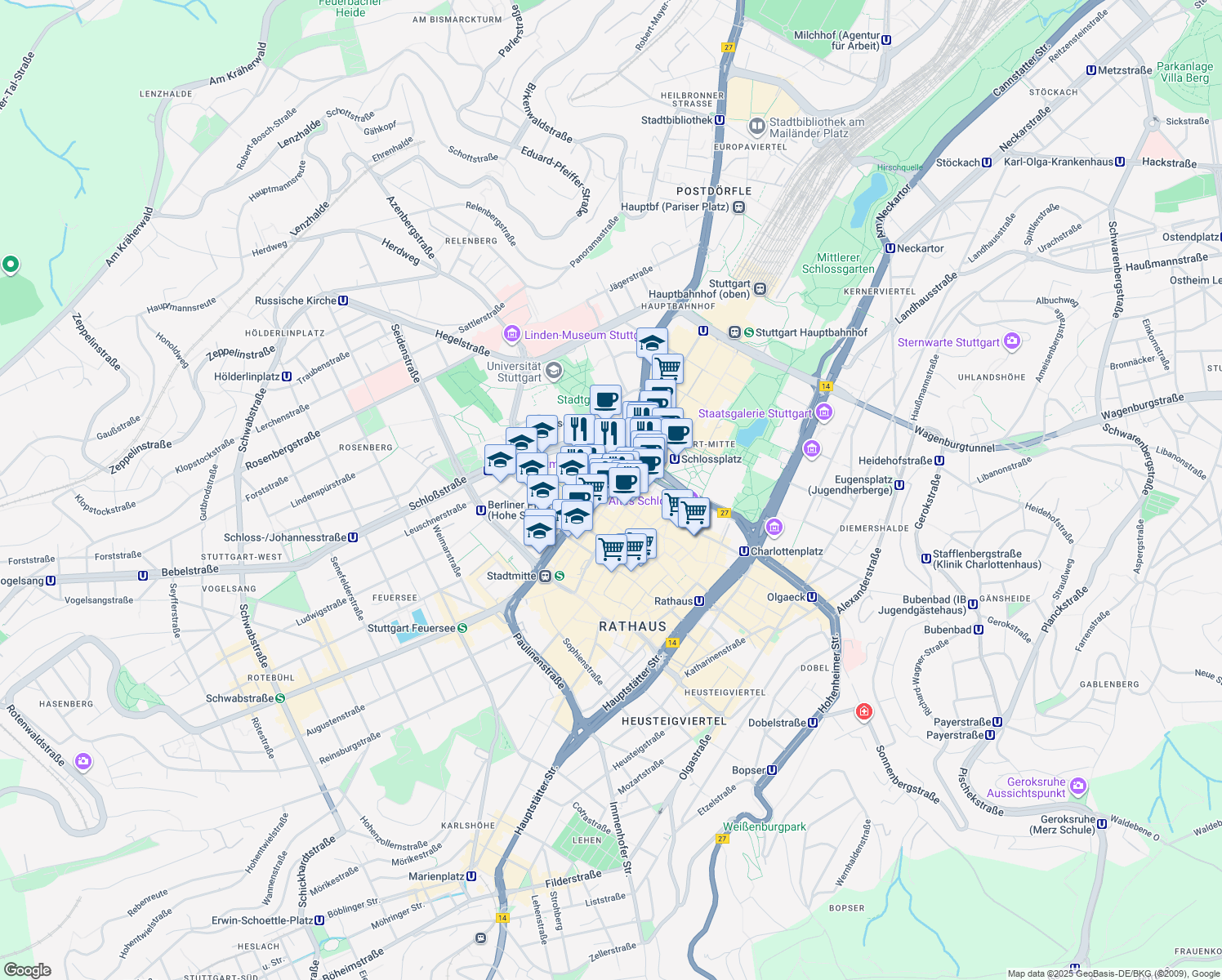 map of restaurants, bars, coffee shops, grocery stores, and more near 3 Theodor-Heuss-Straße in Stuttgart