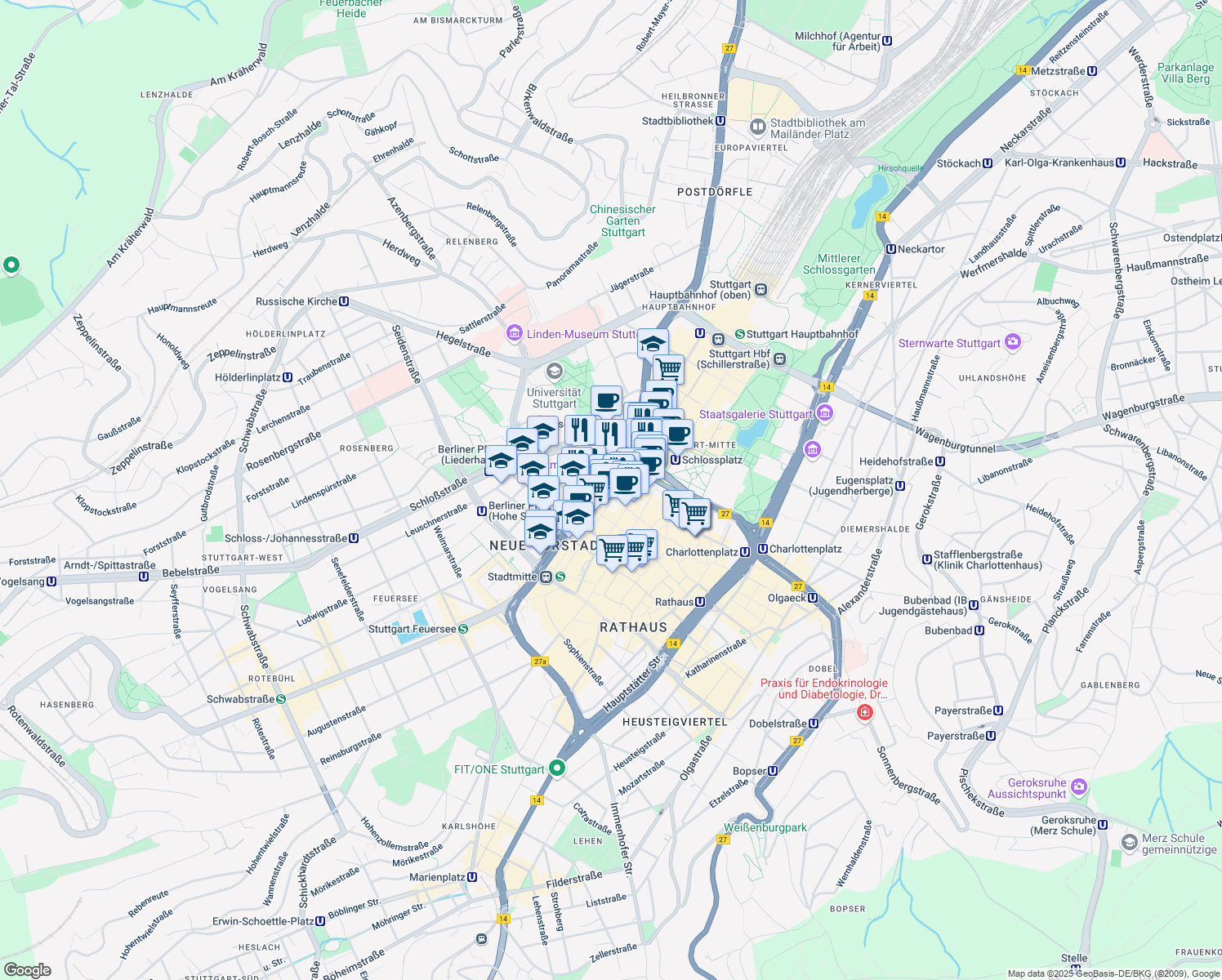 map of restaurants, bars, coffee shops, grocery stores, and more near 3 Theodor-Heuss-Straße in Stuttgart
