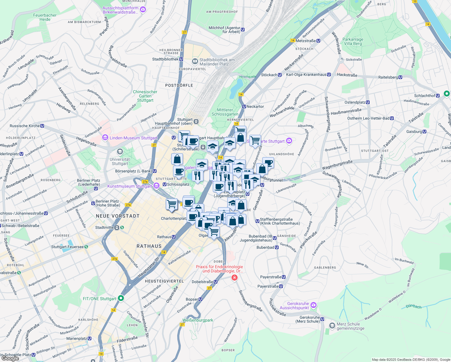 map of restaurants, bars, coffee shops, grocery stores, and more near 44 Urbanstraße in Stuttgart