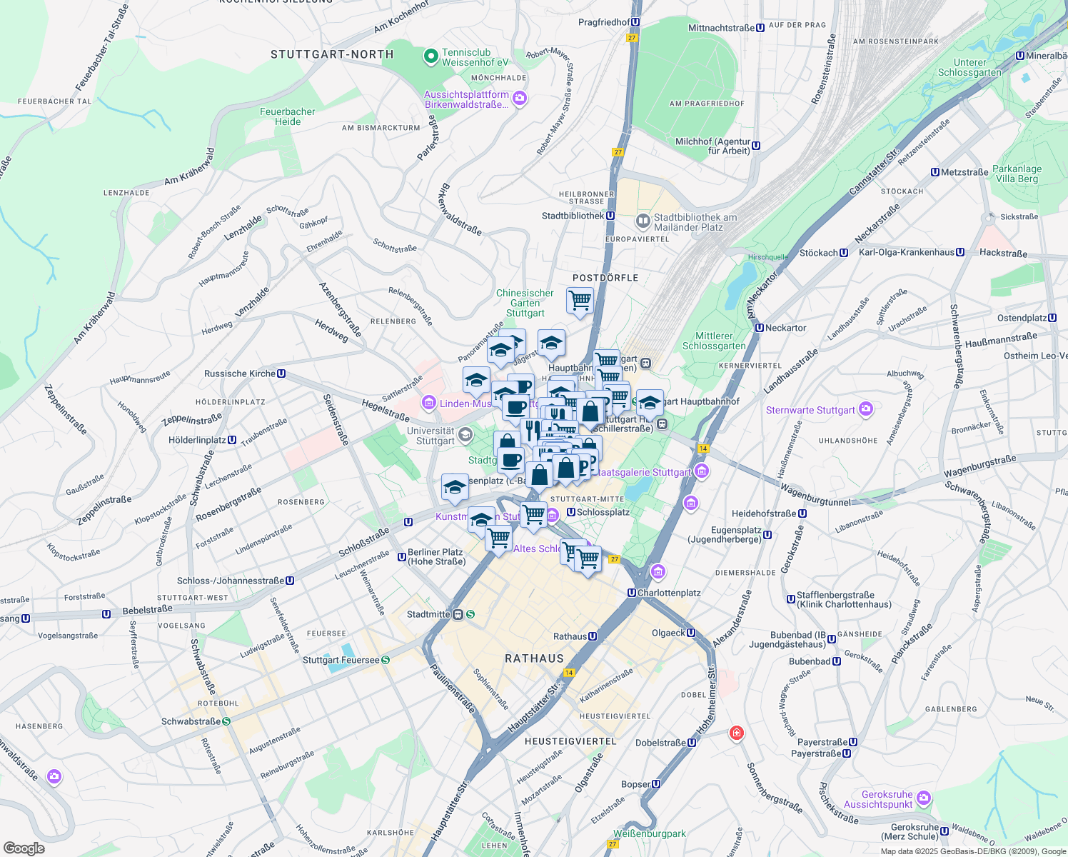 map of restaurants, bars, coffee shops, grocery stores, and more near 14 Friedrichstraße in Stuttgart