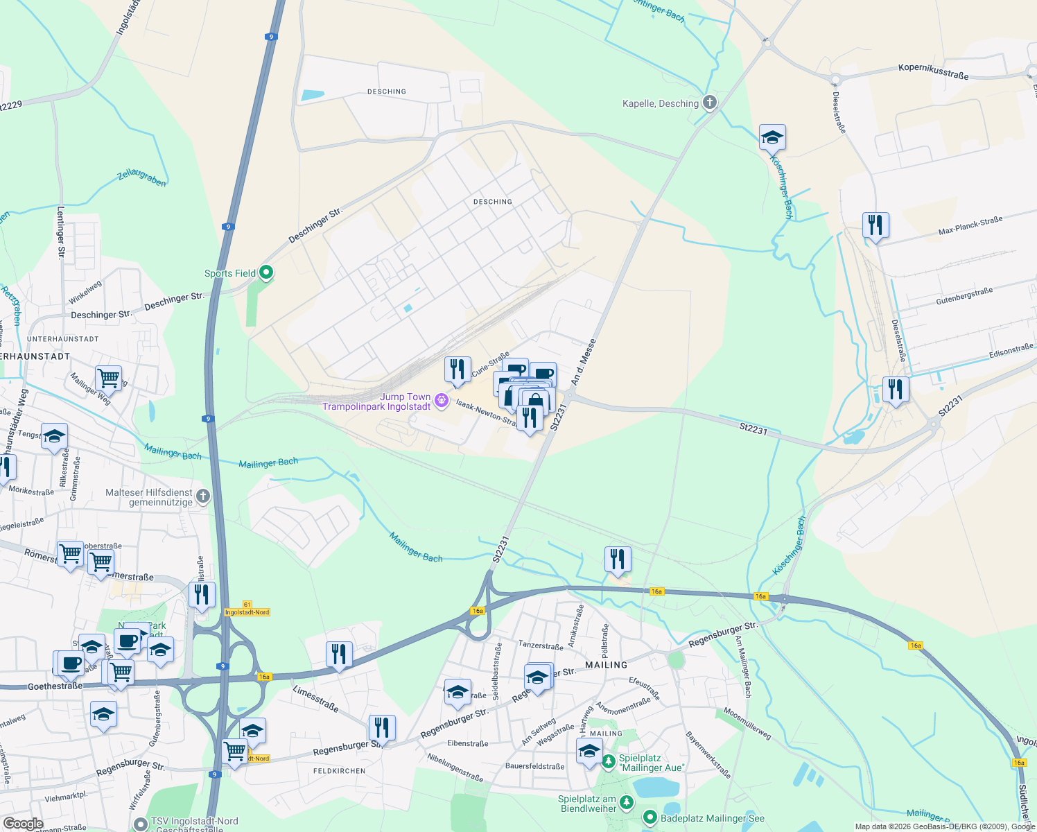 map of restaurants, bars, coffee shops, grocery stores, and more near 1 Otto-Hahn-Straße in Ingolstadt