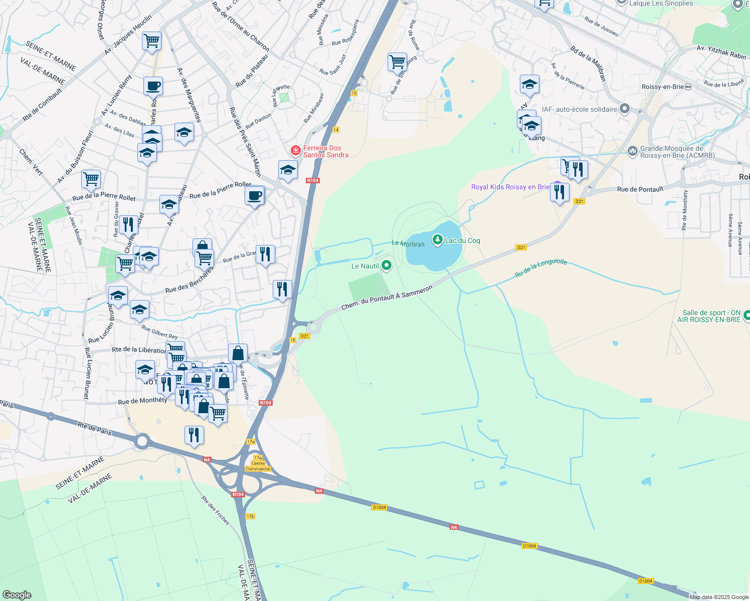 map of restaurants, bars, coffee shops, grocery stores, and more near Chemin du Pontault À Sammeron in Pontault-Combault