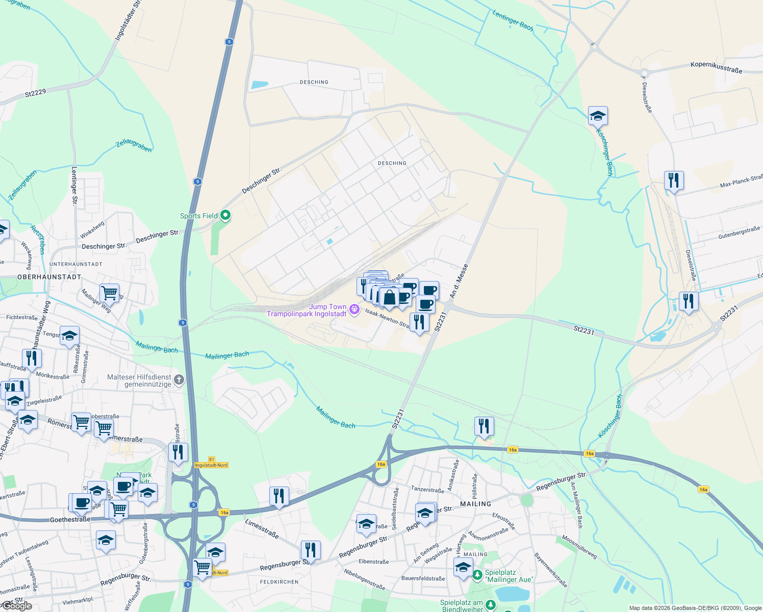 map of restaurants, bars, coffee shops, grocery stores, and more near 1 Otto-Hahn-Straße in Ingolstadt