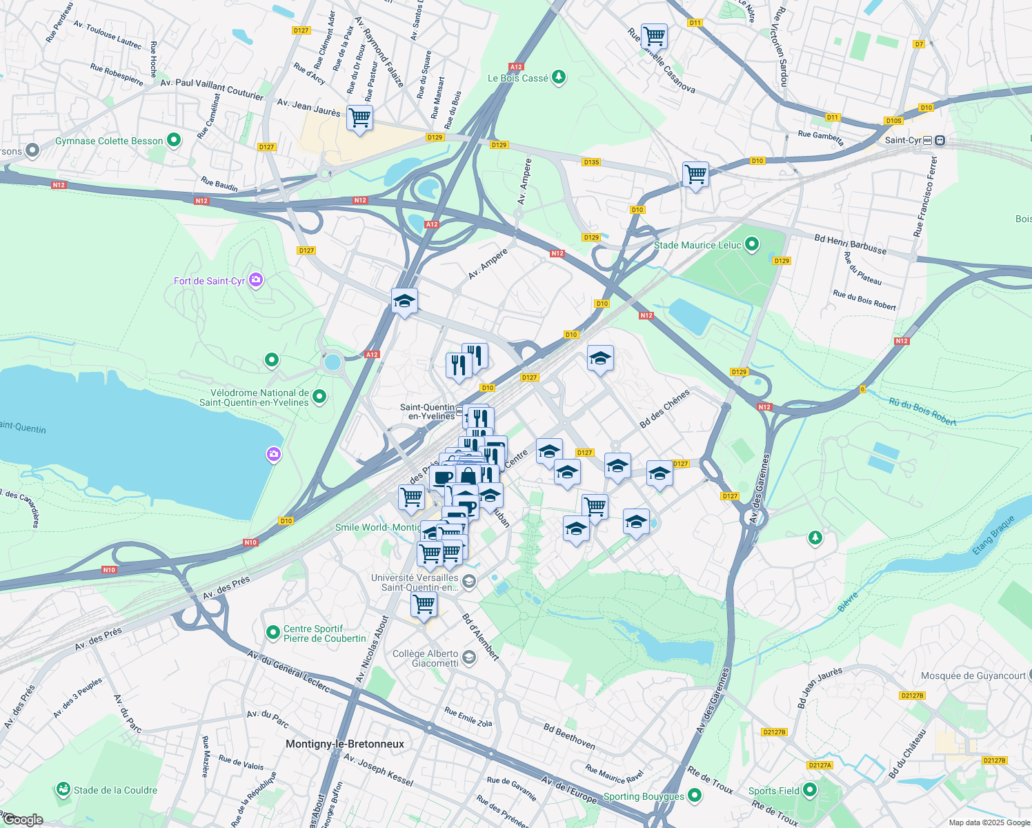 map of restaurants, bars, coffee shops, grocery stores, and more near 2 Rue George Stephenson in Montigny-le-Bretonneux