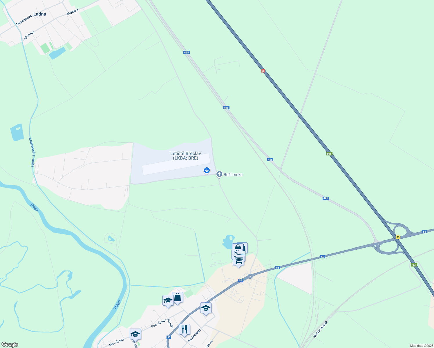 map of restaurants, bars, coffee shops, grocery stores, and more near Letiště in Břeclav