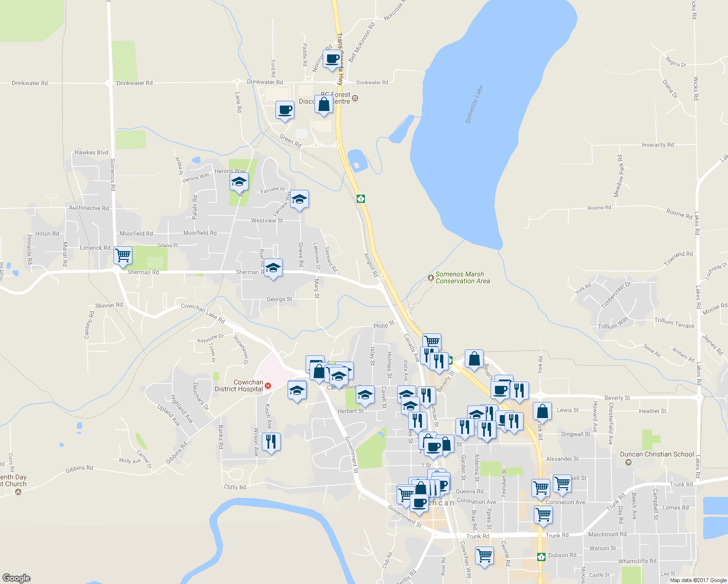 map of restaurants, bars, coffee shops, grocery stores, and more near 2882 Sherman Road in Duncan