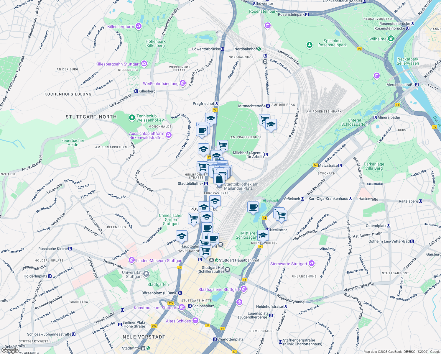 map of restaurants, bars, coffee shops, grocery stores, and more near 7 Mailänder Platz in Stuttgart