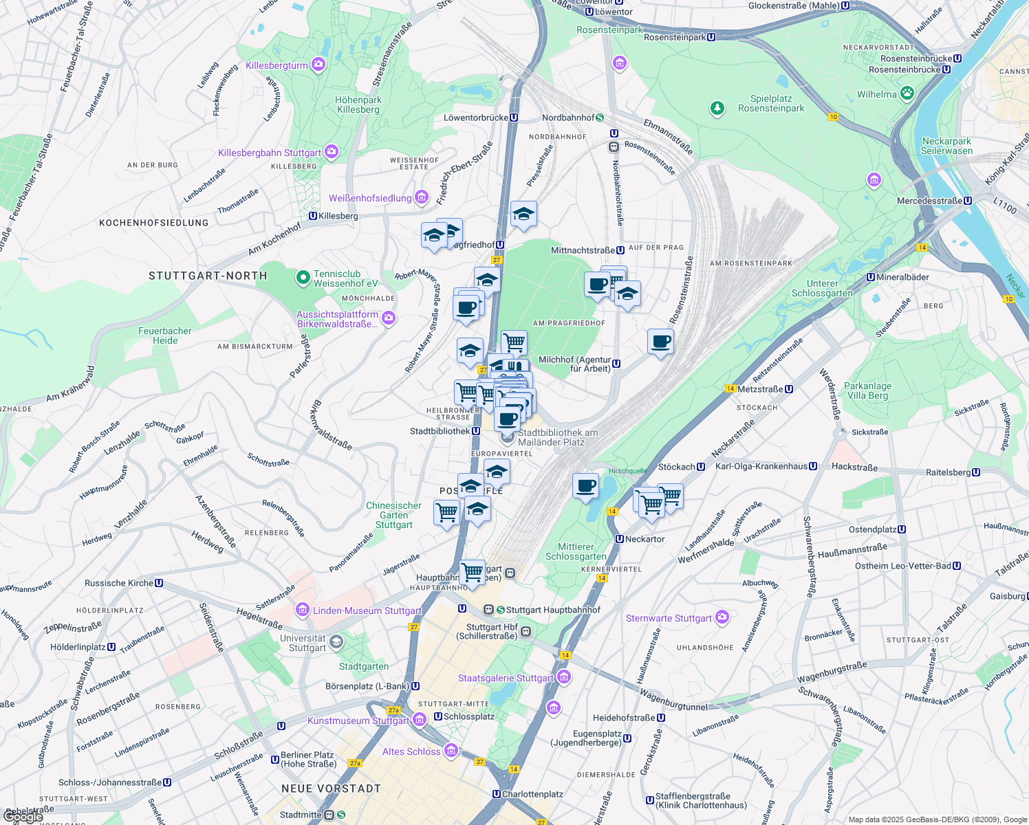 map of restaurants, bars, coffee shops, grocery stores, and more near 7 Mailänder Platz in Stuttgart