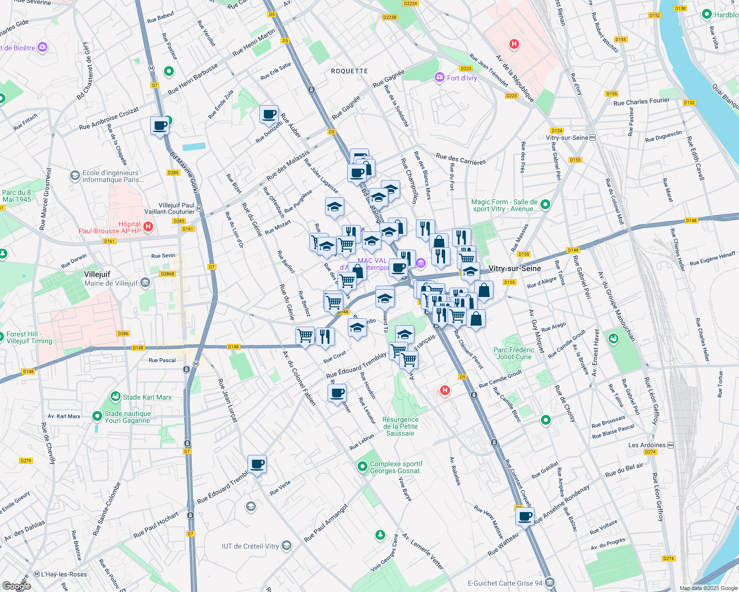 map of restaurants, bars, coffee shops, grocery stores, and more near 35 Avenue du Moulin de Saquet in Vitry-sur-Seine