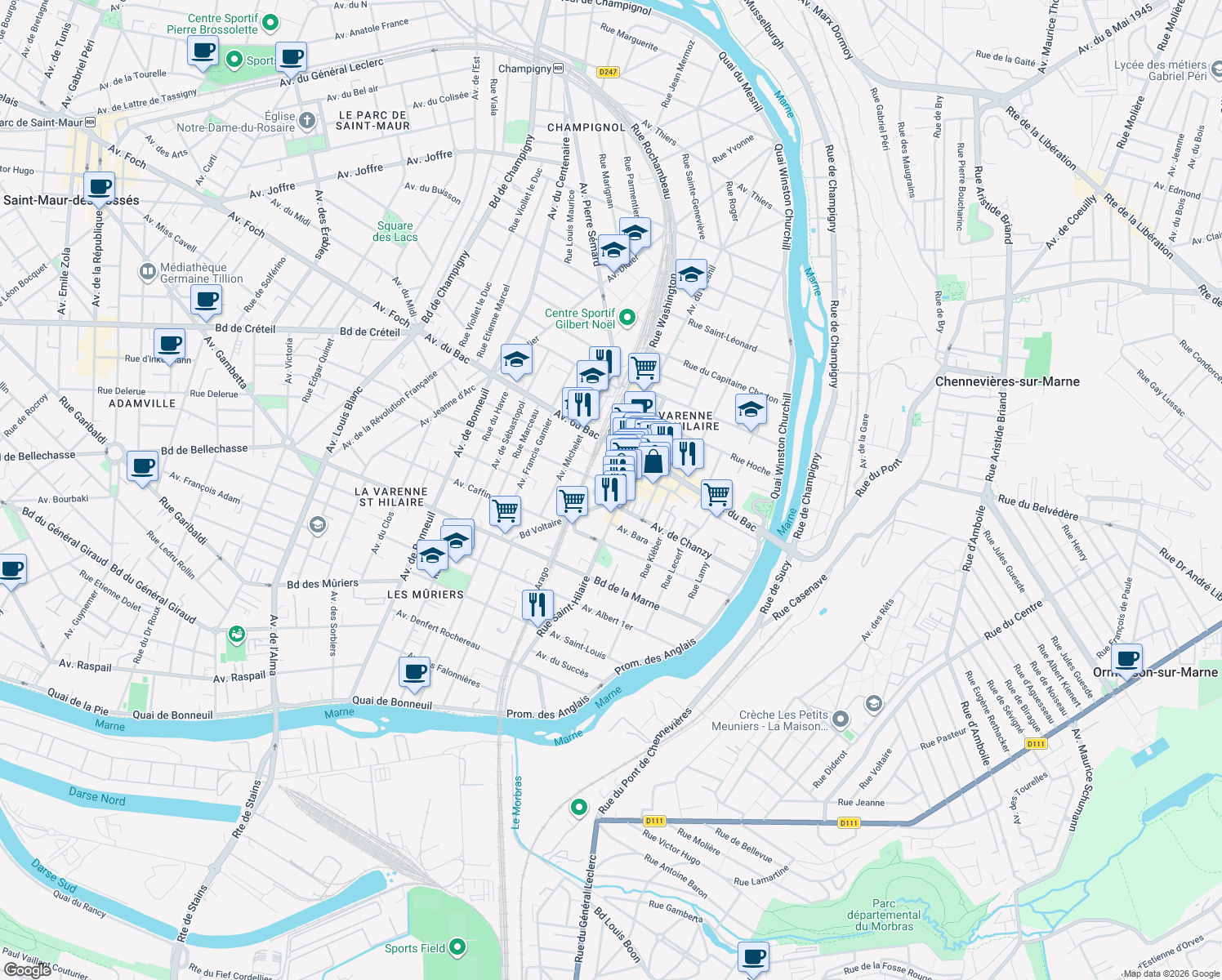 map of restaurants, bars, coffee shops, grocery stores, and more near in Saint-Maur-des-Fossés
