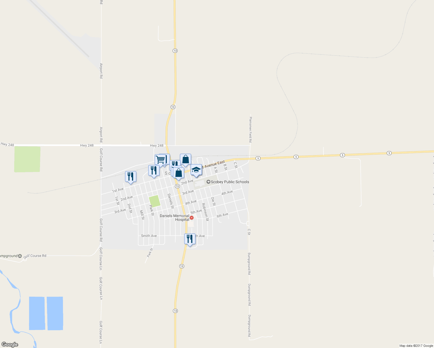 map of restaurants, bars, coffee shops, grocery stores, and more near 502 2nd Avenue West in Scobey