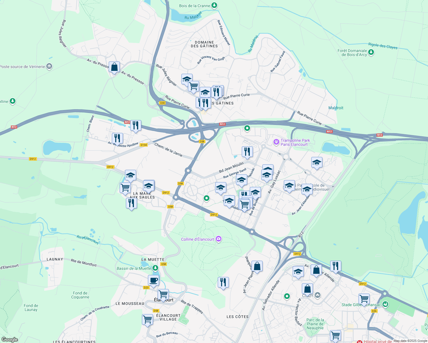 map of restaurants, bars, coffee shops, grocery stores, and more near 3 Boulevard Jean Moulin in Élancourt