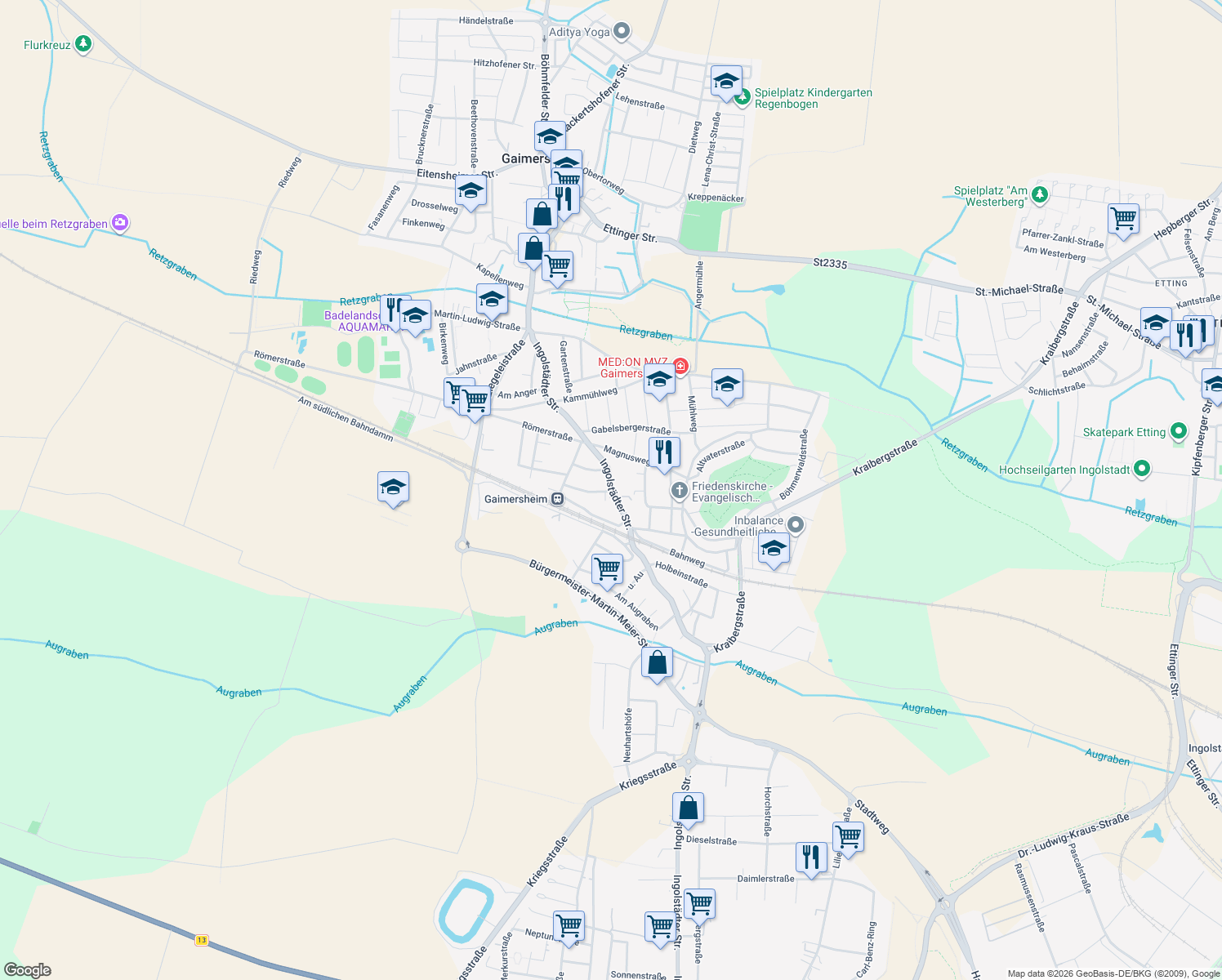 map of restaurants, bars, coffee shops, grocery stores, and more near in Gaimersheim