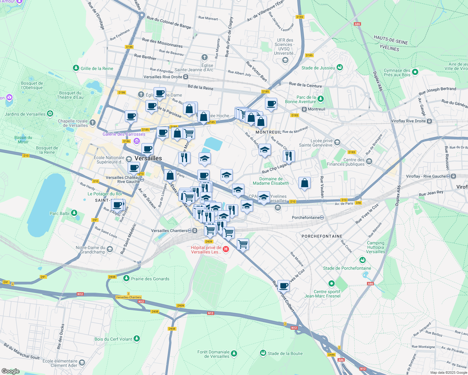 map of restaurants, bars, coffee shops, grocery stores, and more near 55 Avenue de Paris in Versailles