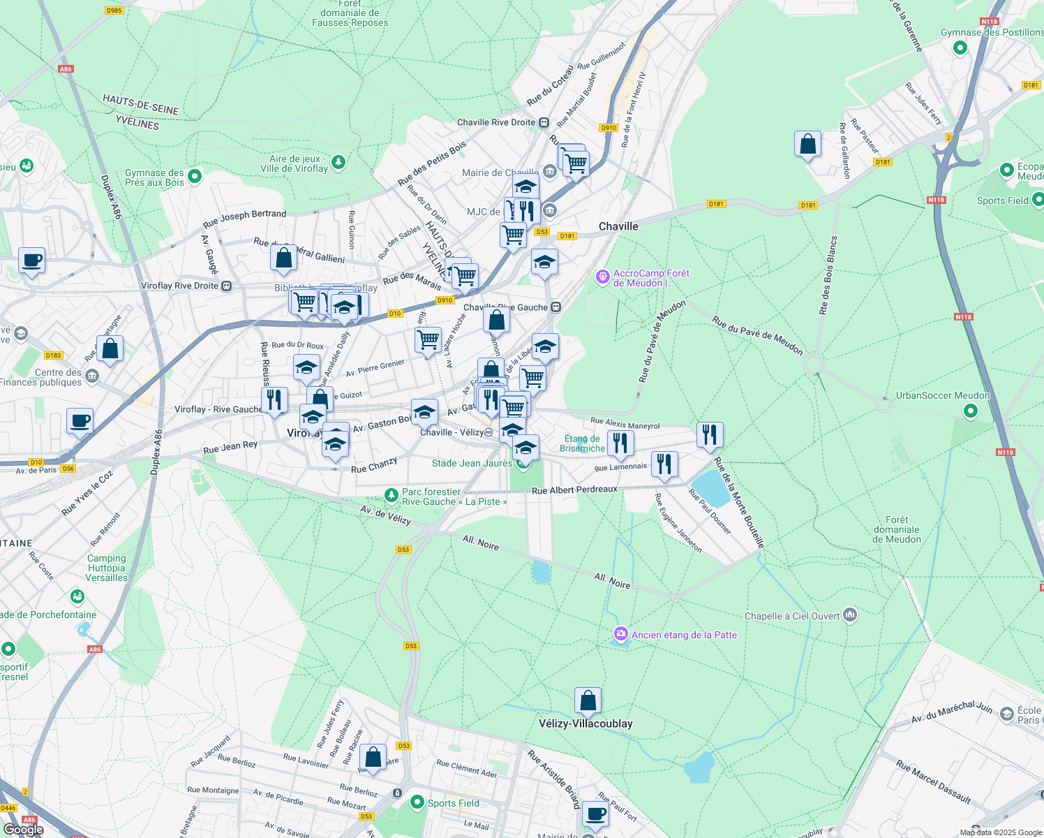 map of restaurants, bars, coffee shops, grocery stores, and more near 27 Rue de Jouy in Chaville