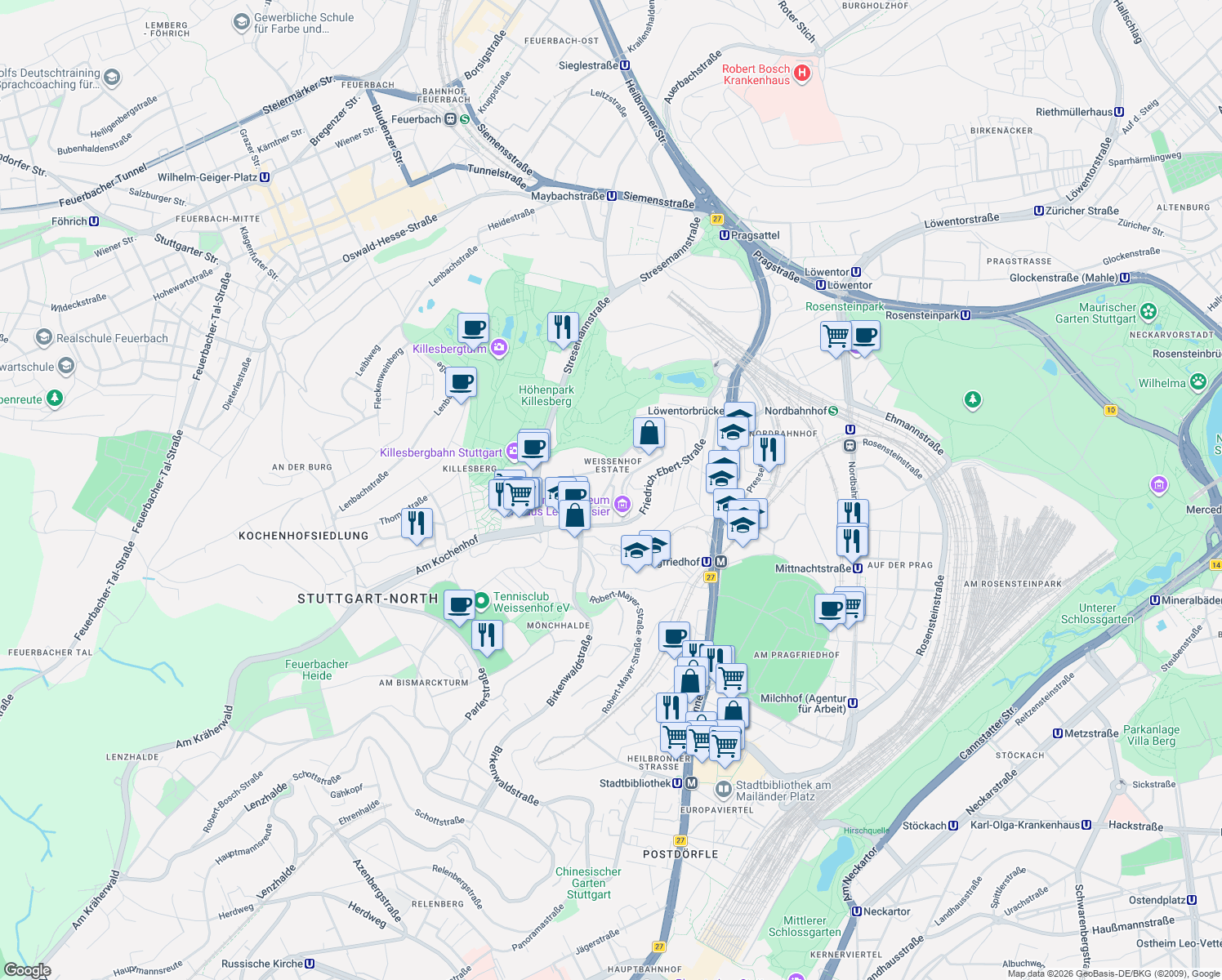 map of restaurants, bars, coffee shops, grocery stores, and more near 20 Am Weißenhof in Stuttgart