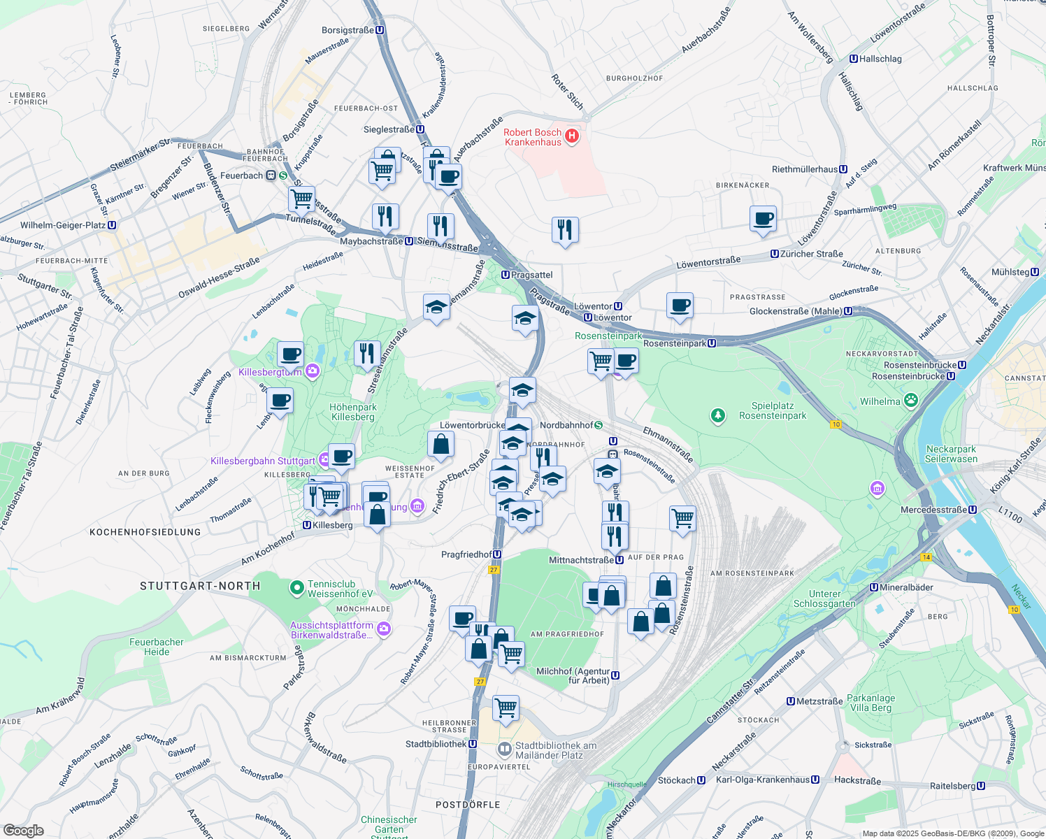 map of restaurants, bars, coffee shops, grocery stores, and more near 190 Heilbronner Straße in Stuttgart