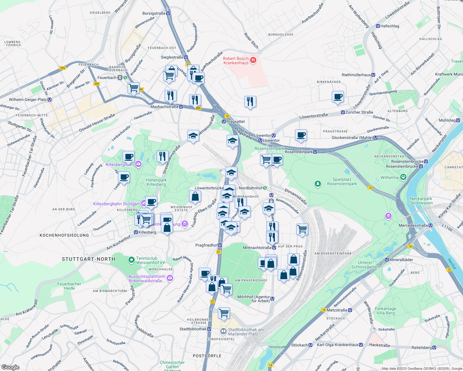 map of restaurants, bars, coffee shops, grocery stores, and more near 190 Heilbronner Straße in Stuttgart