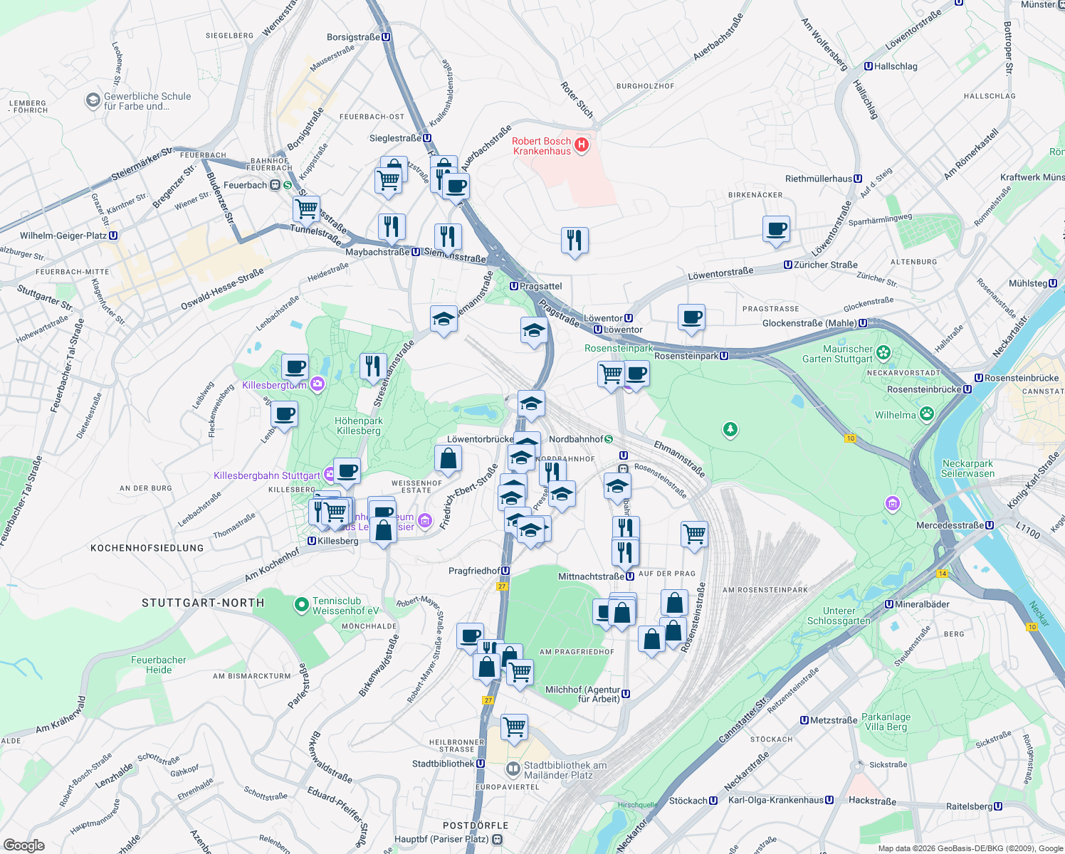 map of restaurants, bars, coffee shops, grocery stores, and more near 190 Heilbronner Straße in Stuttgart