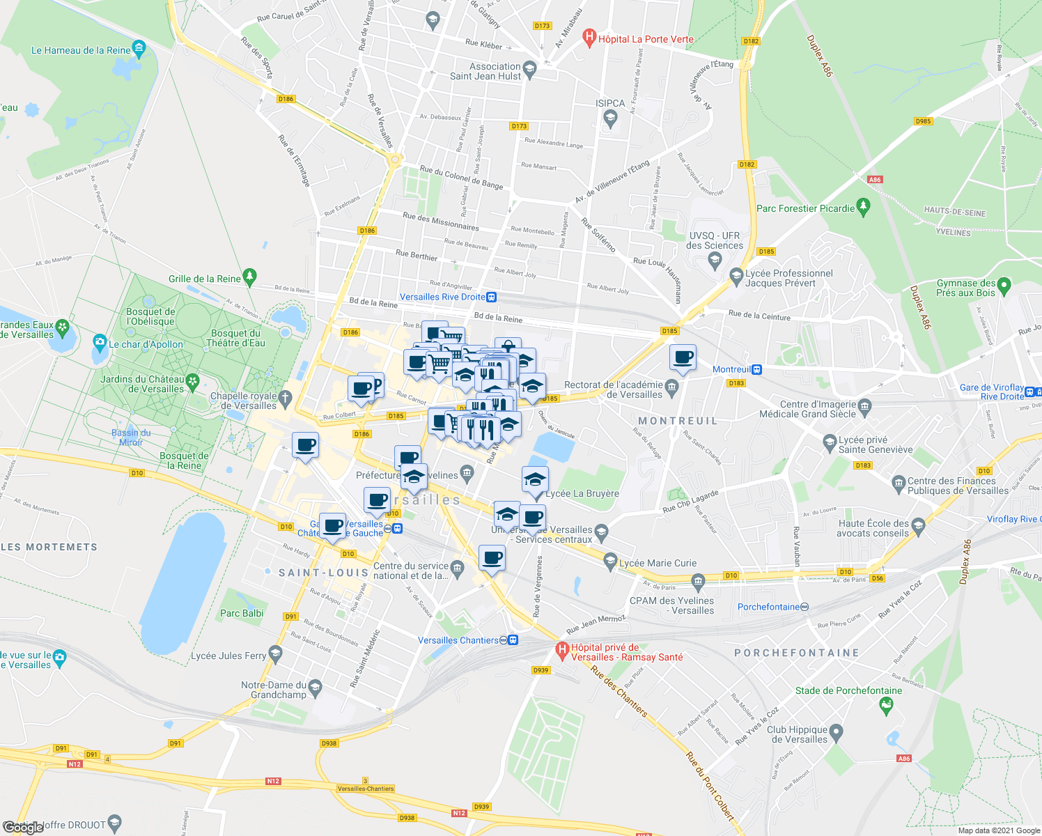 map of restaurants, bars, coffee shops, grocery stores, and more near 52 Avenue de Saint-Cloud in Versailles
