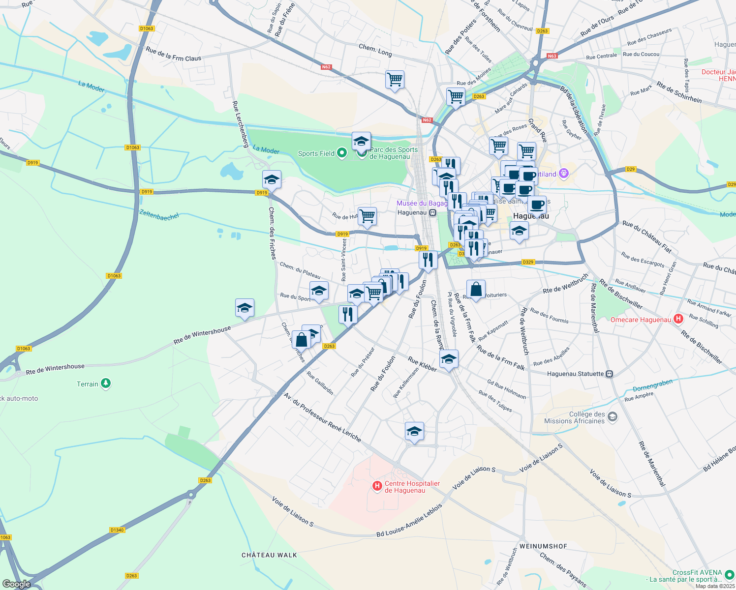 map of restaurants, bars, coffee shops, grocery stores, and more near 12 Route de Wintershouse in Haguenau