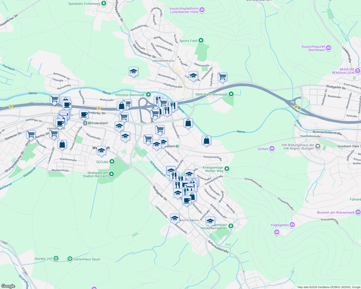 map of restaurants, bars, coffee shops, grocery stores, and more near in Weinstadt