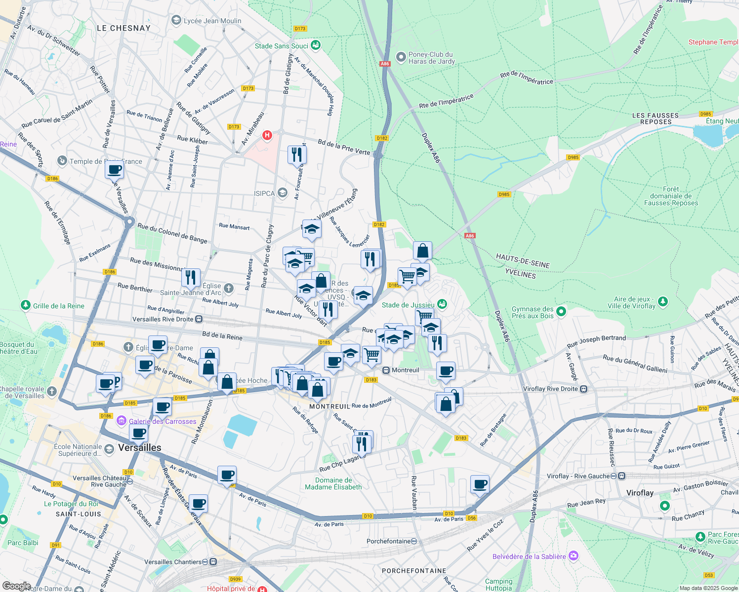 map of restaurants, bars, coffee shops, grocery stores, and more near 55 Avenue de Paris in Versailles