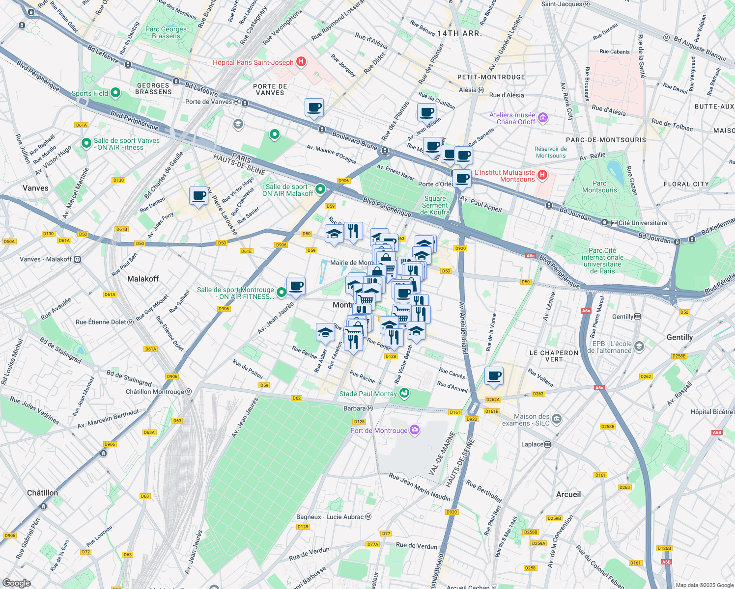 map of restaurants, bars, coffee shops, grocery stores, and more near in Montrouge