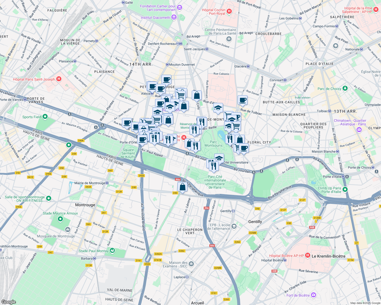 map of restaurants, bars, coffee shops, grocery stores, and more near 32 Boulevard Jourdan in Paris