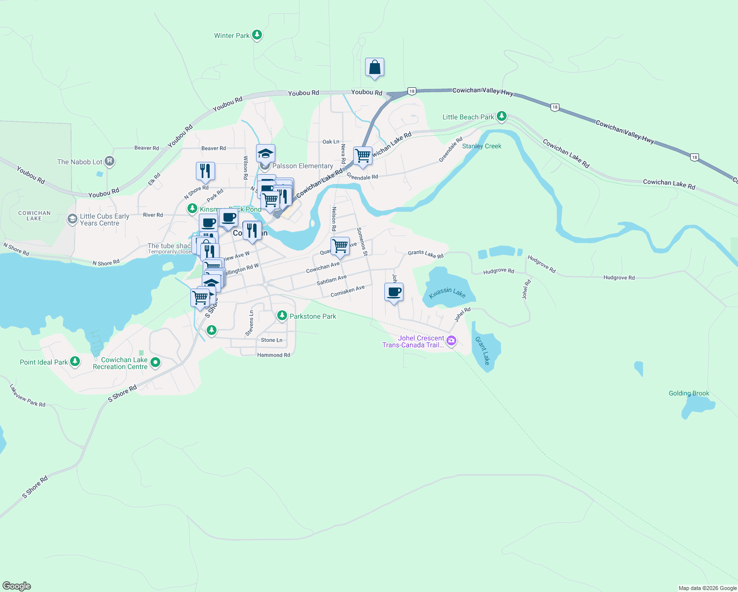map of restaurants, bars, coffee shops, grocery stores, and more near 90 Boundary Road in Lake Cowichan