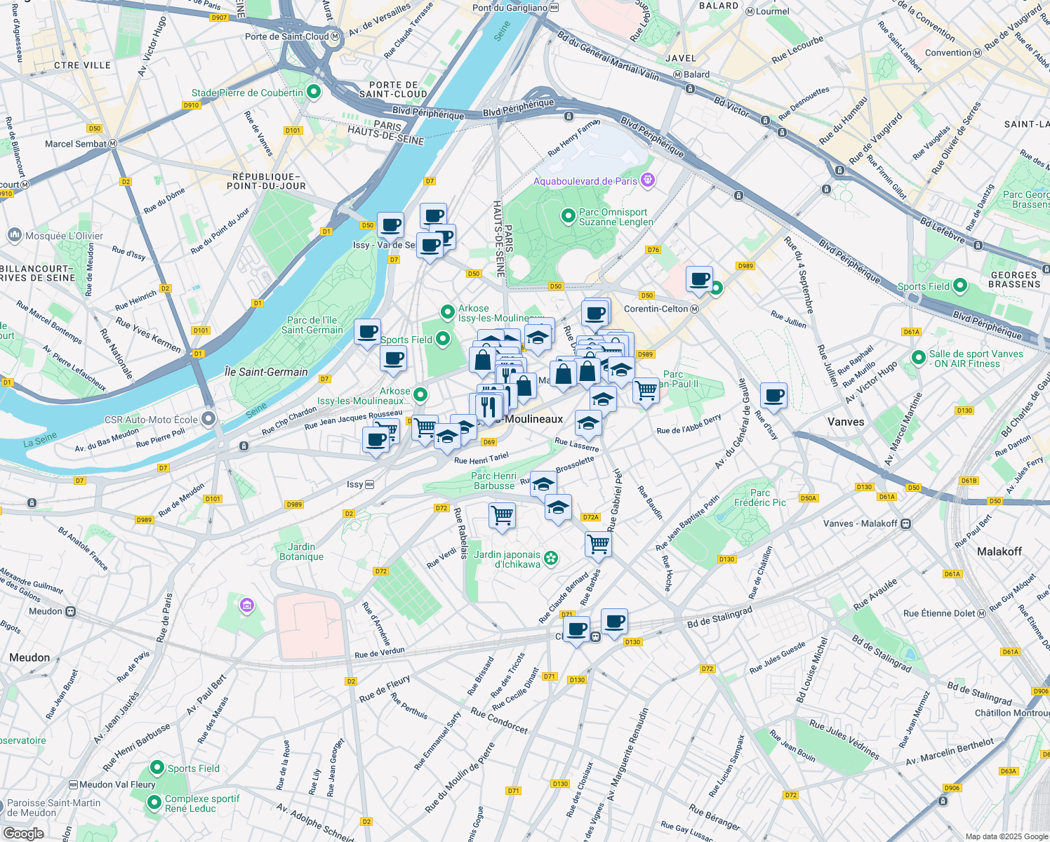 map of restaurants, bars, coffee shops, grocery stores, and more near in Issy-les-Moulineaux