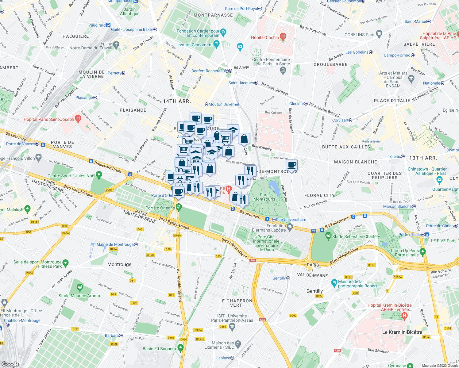 map of restaurants, bars, coffee shops, grocery stores, and more near 53 Avenue Reille in Paris
