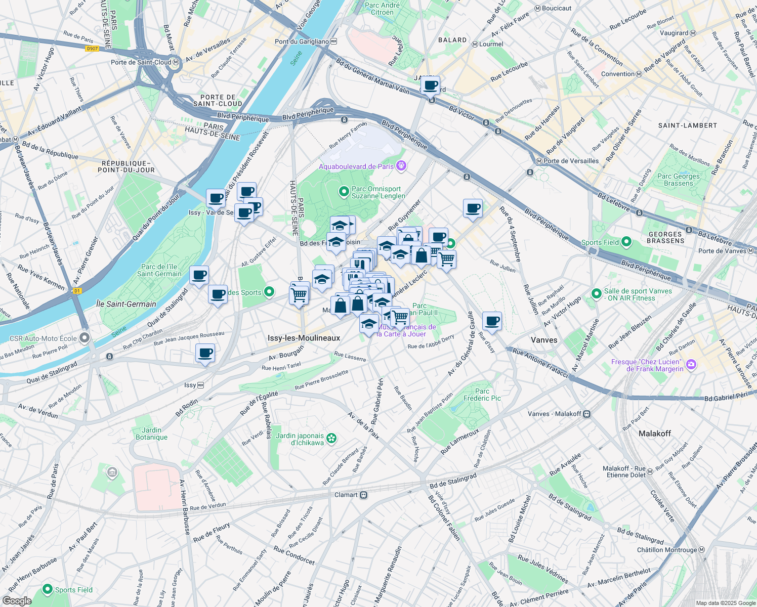 map of restaurants, bars, coffee shops, grocery stores, and more near in Issy-les-Moulineaux