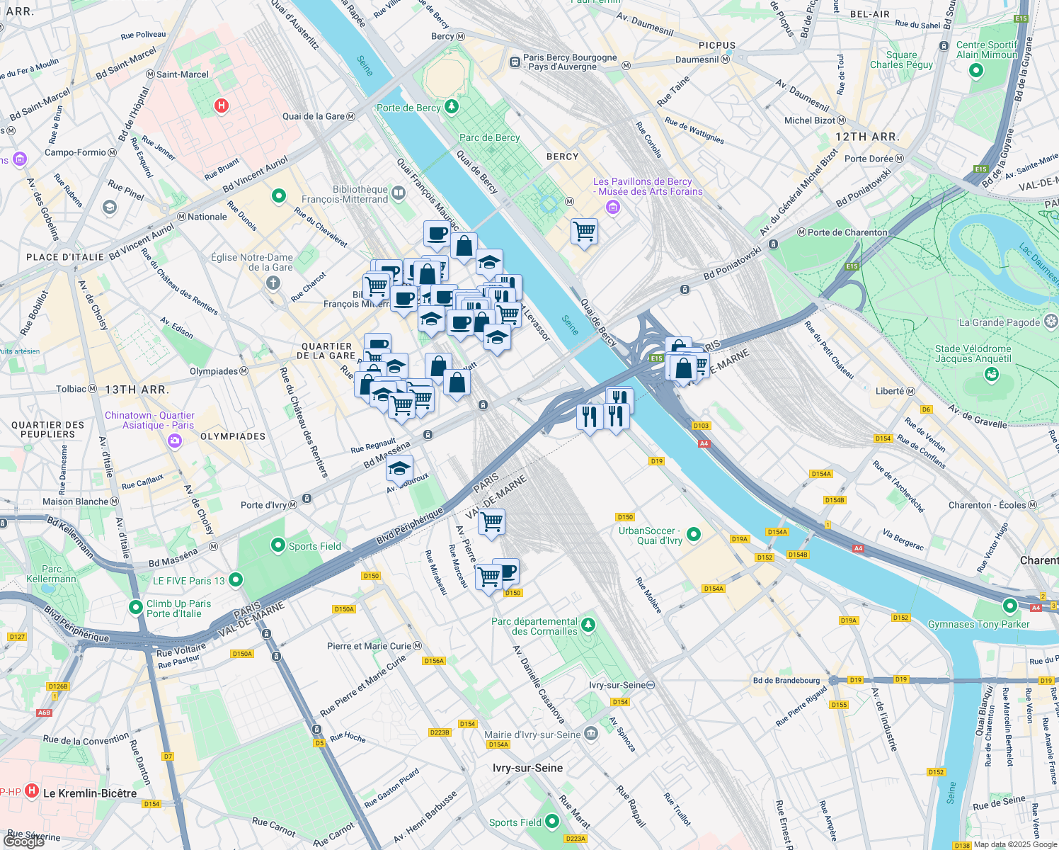 map of restaurants, bars, coffee shops, grocery stores, and more near 51 Rue Bruneseau in Paris