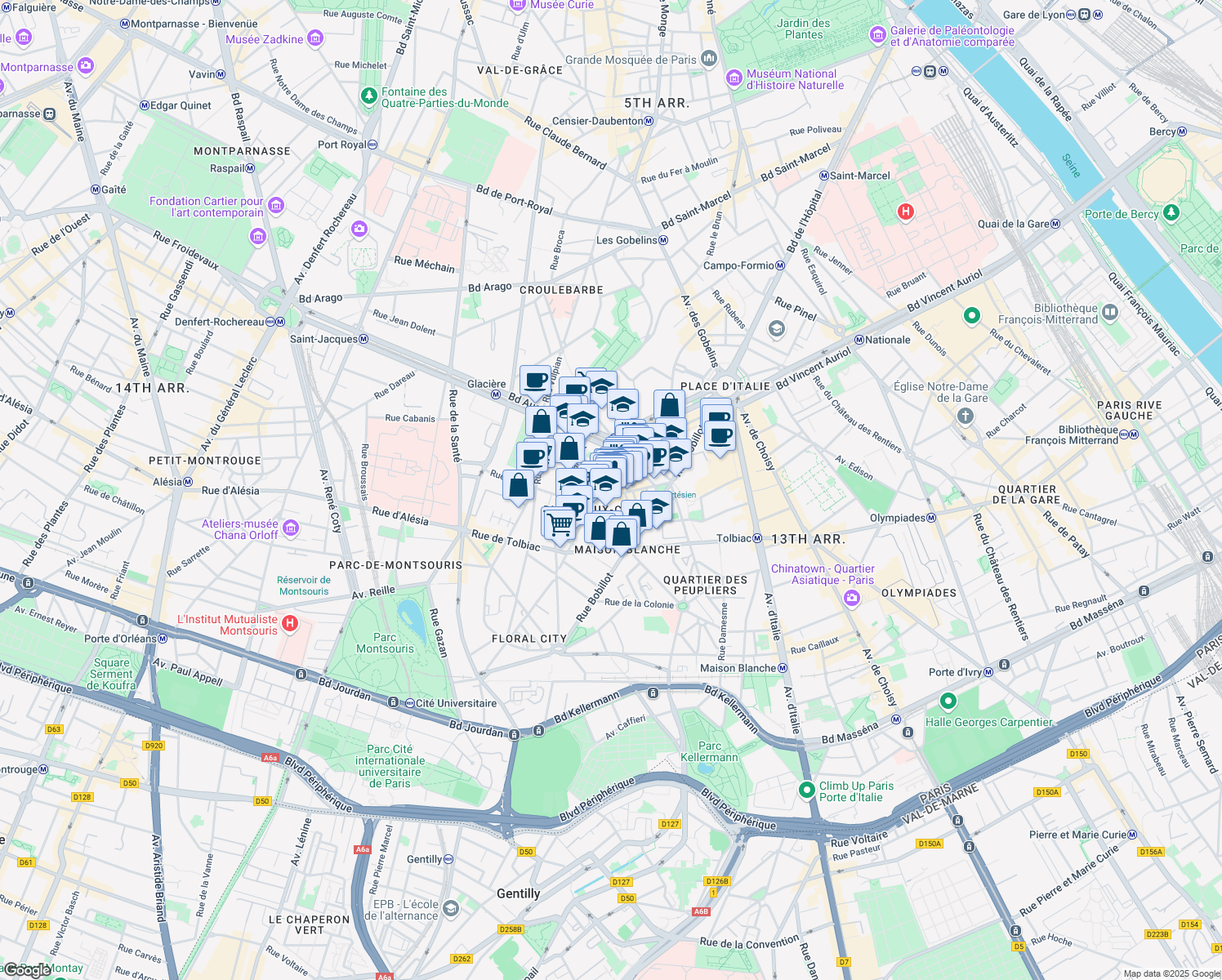 map of restaurants, bars, coffee shops, grocery stores, and more near 52 Rue des 5 Diamants in Paris