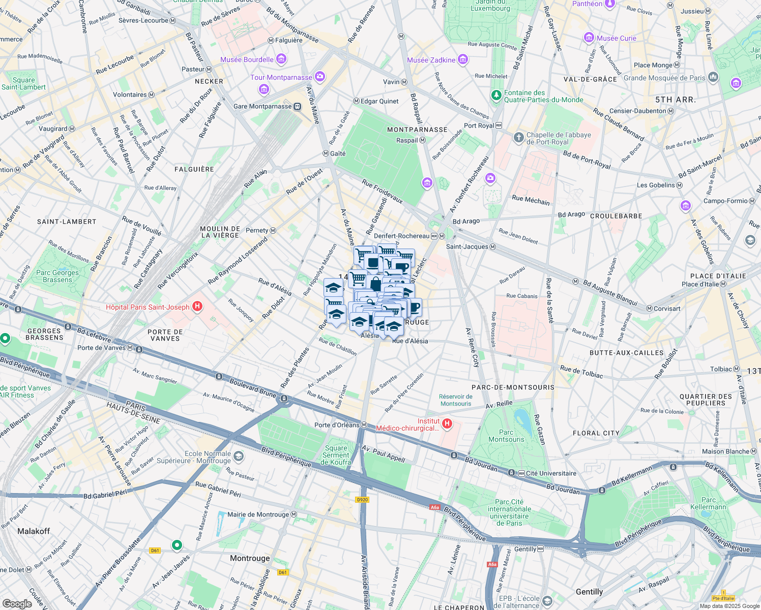 map of restaurants, bars, coffee shops, grocery stores, and more near 9 Rue Thibaud in Paris
