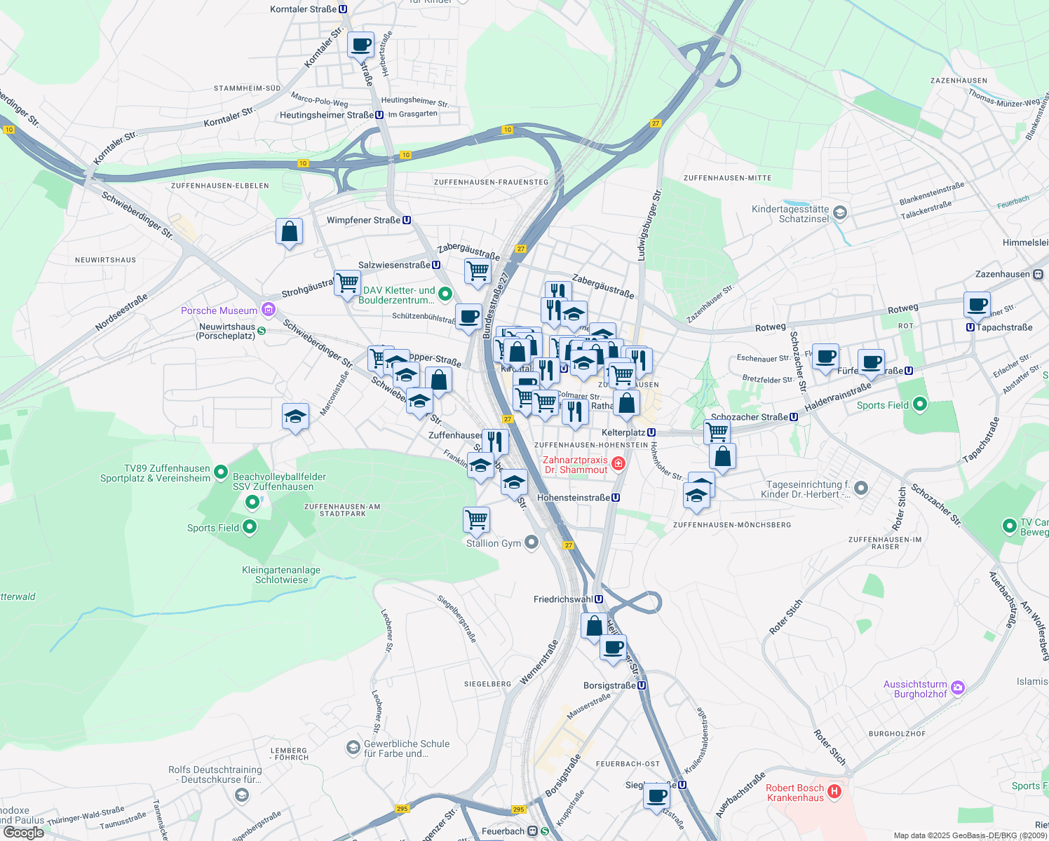 map of restaurants, bars, coffee shops, grocery stores, and more near 32 Burgunderstraße in Stuttgart