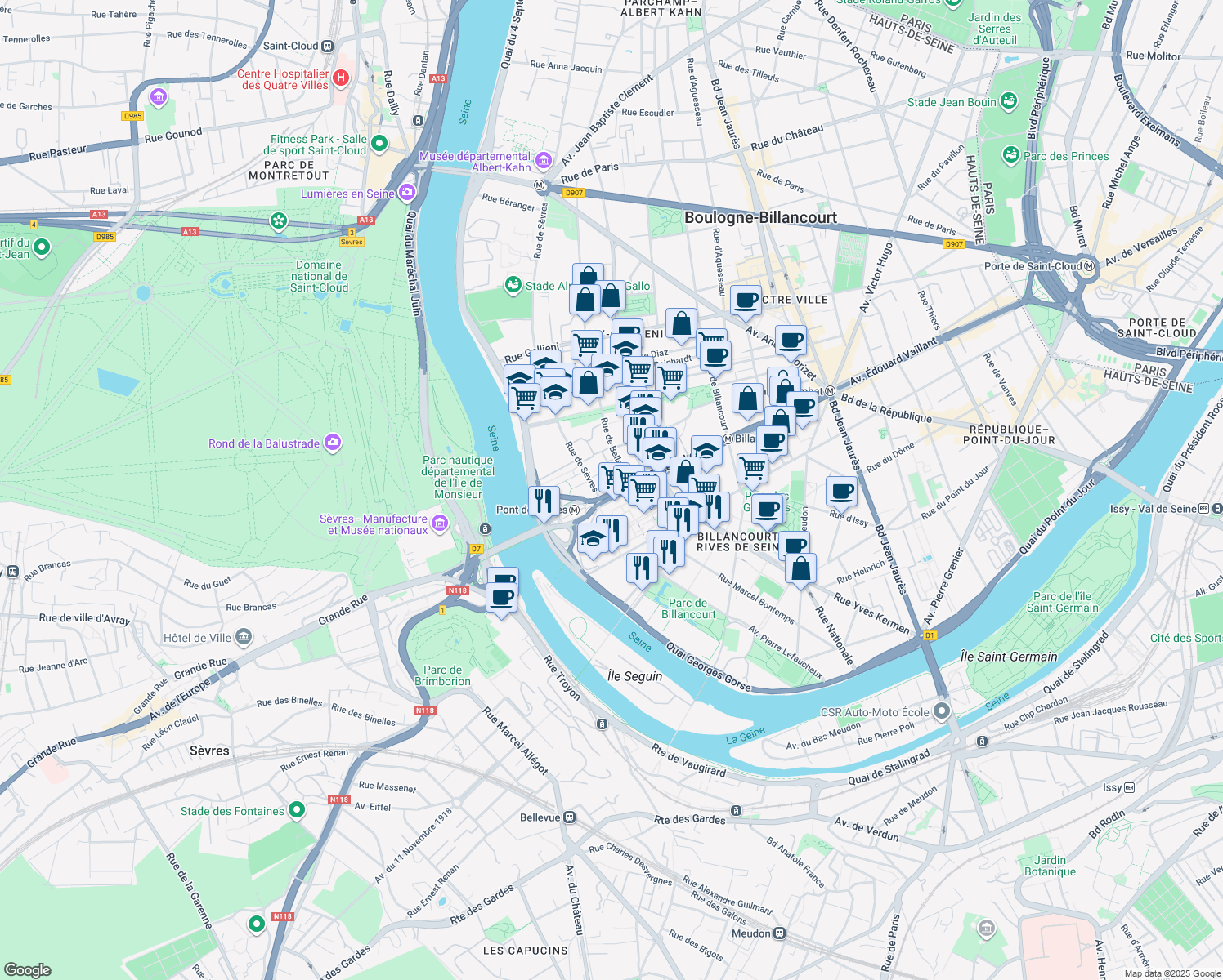 map of restaurants, bars, coffee shops, grocery stores, and more near 122 Avenue du Général Leclerc in Boulogne-Billancourt