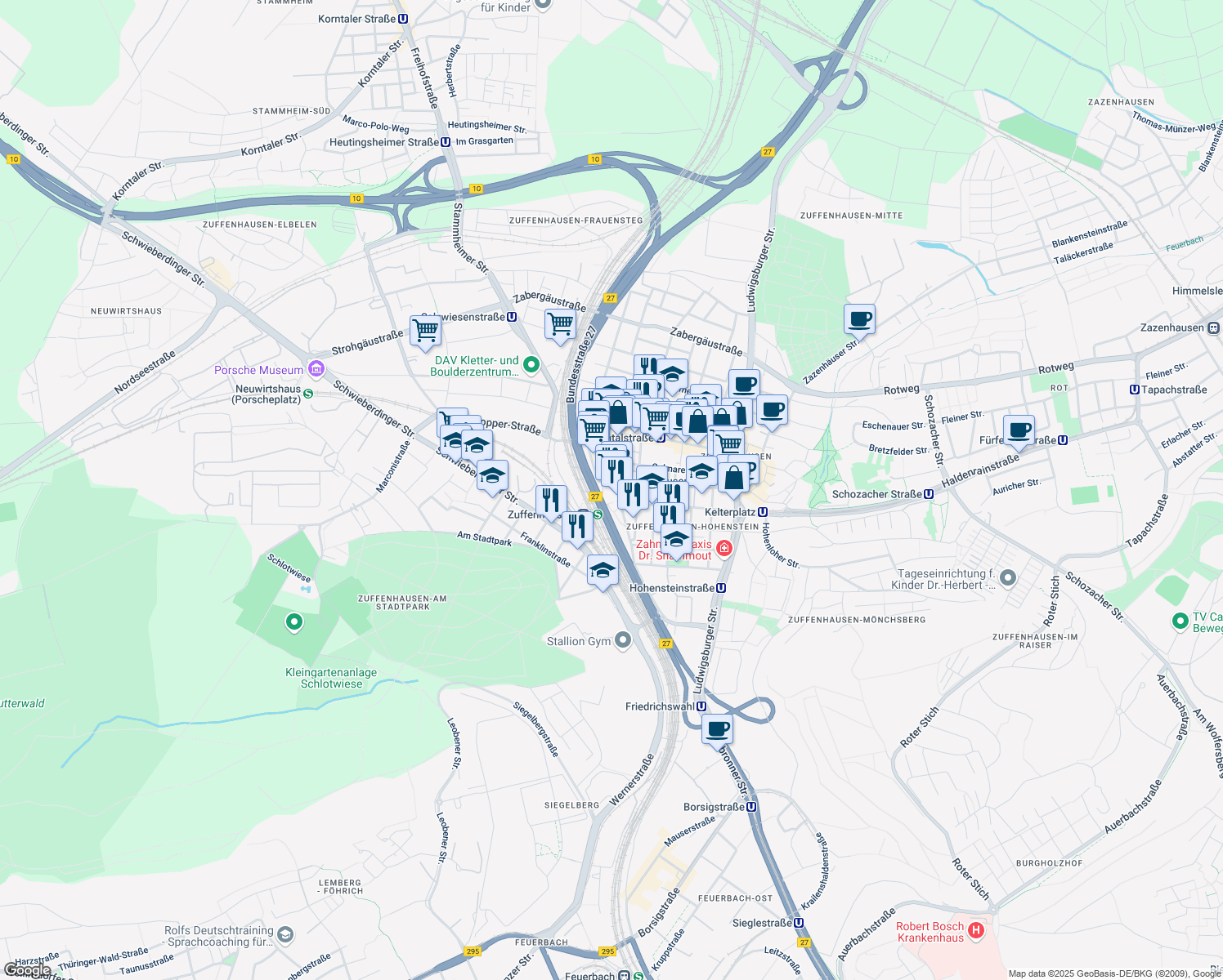 map of restaurants, bars, coffee shops, grocery stores, and more near 32 Burgunderstraße in Stuttgart