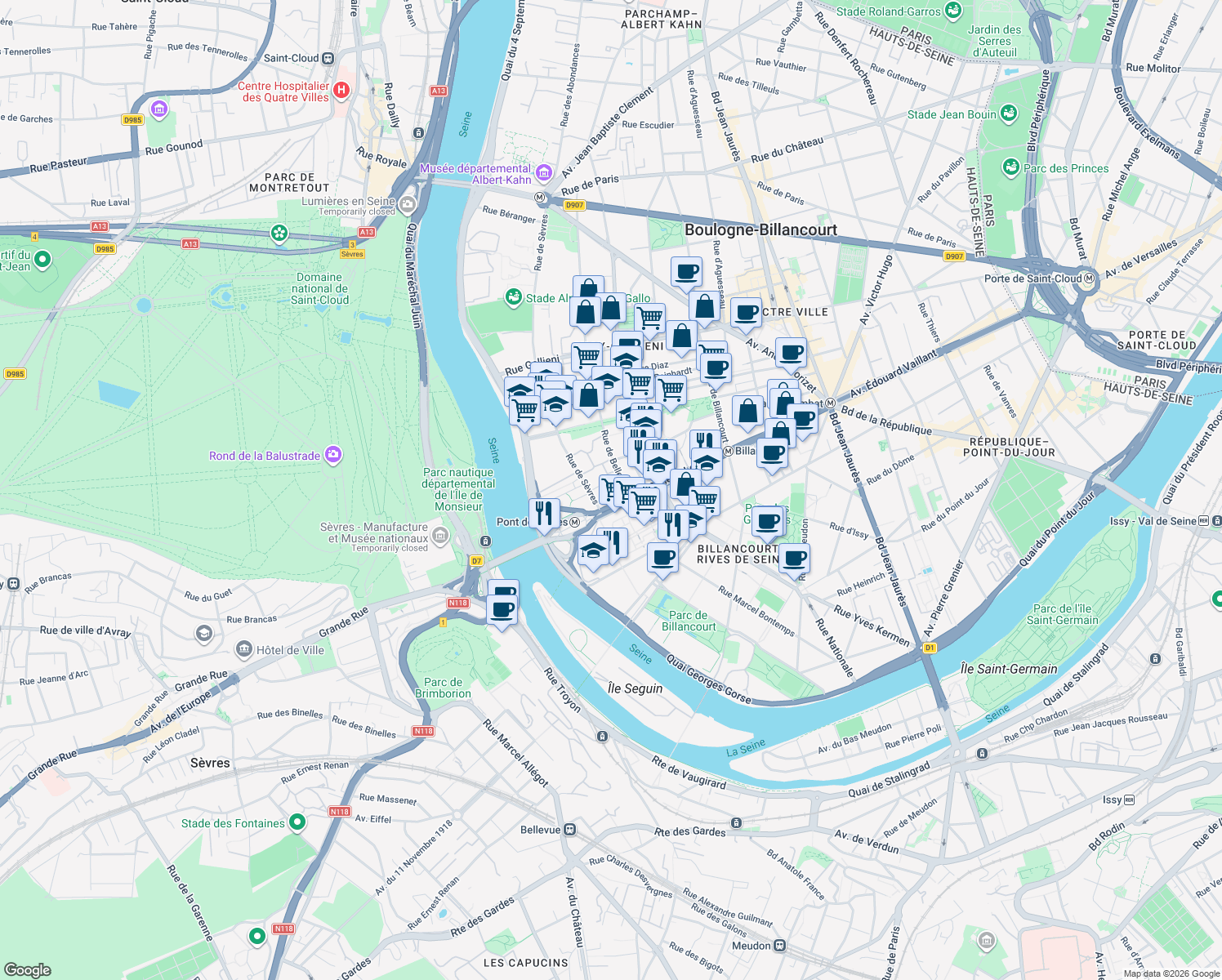 map of restaurants, bars, coffee shops, grocery stores, and more near 122 Avenue du Général Leclerc in Boulogne-Billancourt