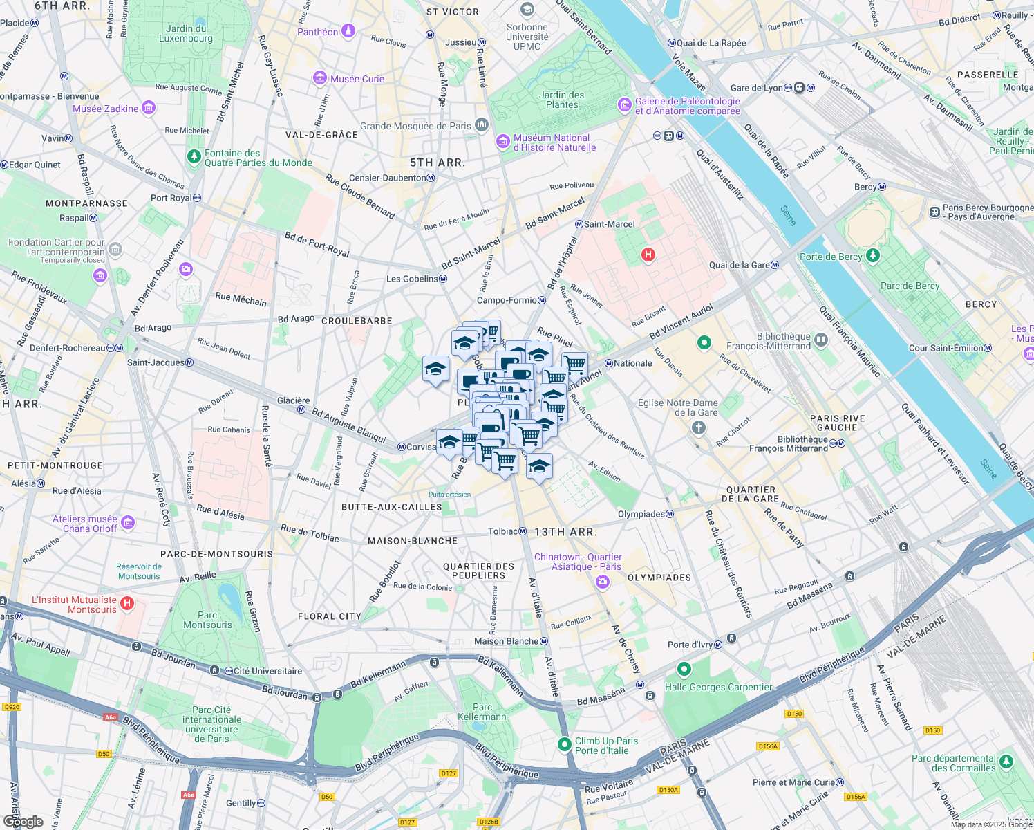 map of restaurants, bars, coffee shops, grocery stores, and more near 209 Boulevard Vincent Auriol in Paris