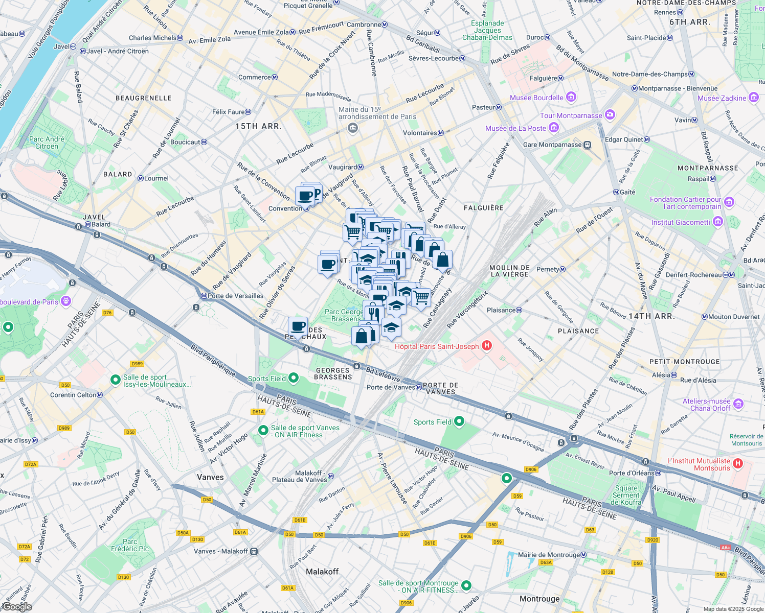 map of restaurants, bars, coffee shops, grocery stores, and more near 75 Rue Brancion in Paris