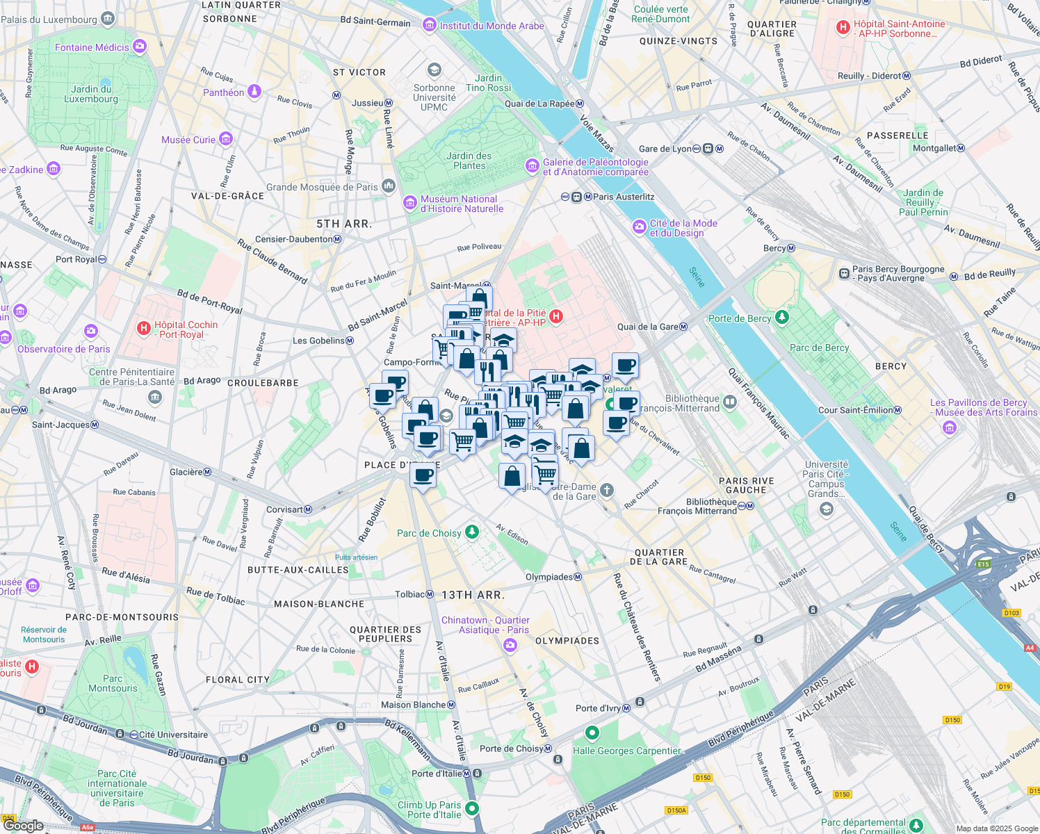 map of restaurants, bars, coffee shops, grocery stores, and more near 120 Boulevard Vincent Auriol in Paris