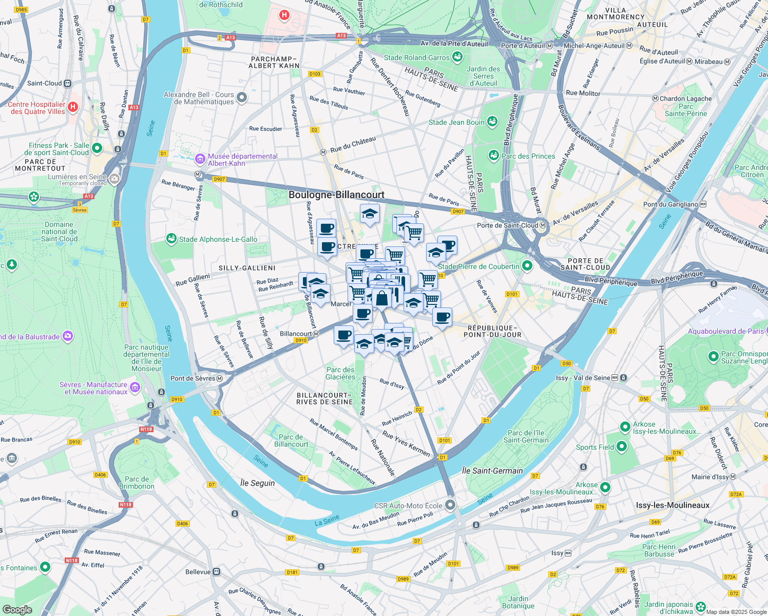 map of restaurants, bars, coffee shops, grocery stores, and more near 93 Boulevard de la République in Boulogne-Billancourt