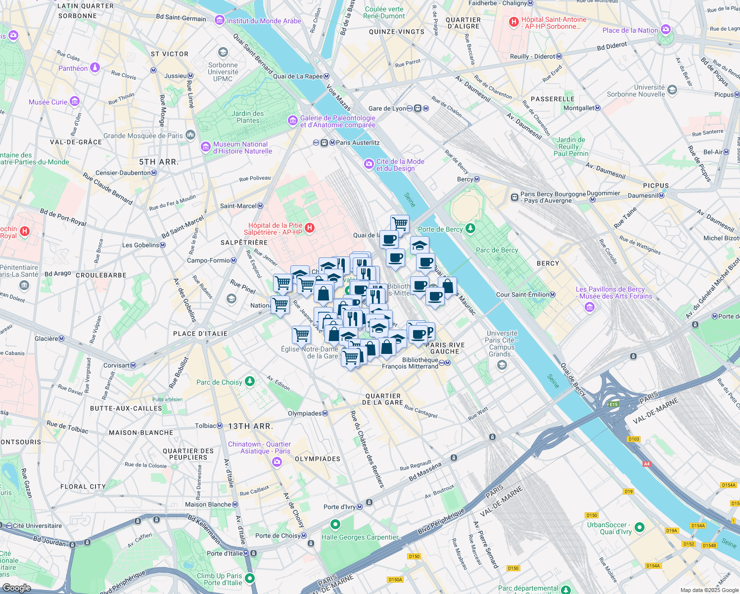 map of restaurants, bars, coffee shops, grocery stores, and more near 13 Rue Louise Weiss in Paris