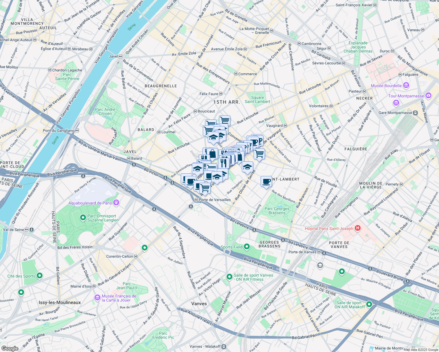 map of restaurants, bars, coffee shops, grocery stores, and more near 366 Rue de Vaugirard in Paris