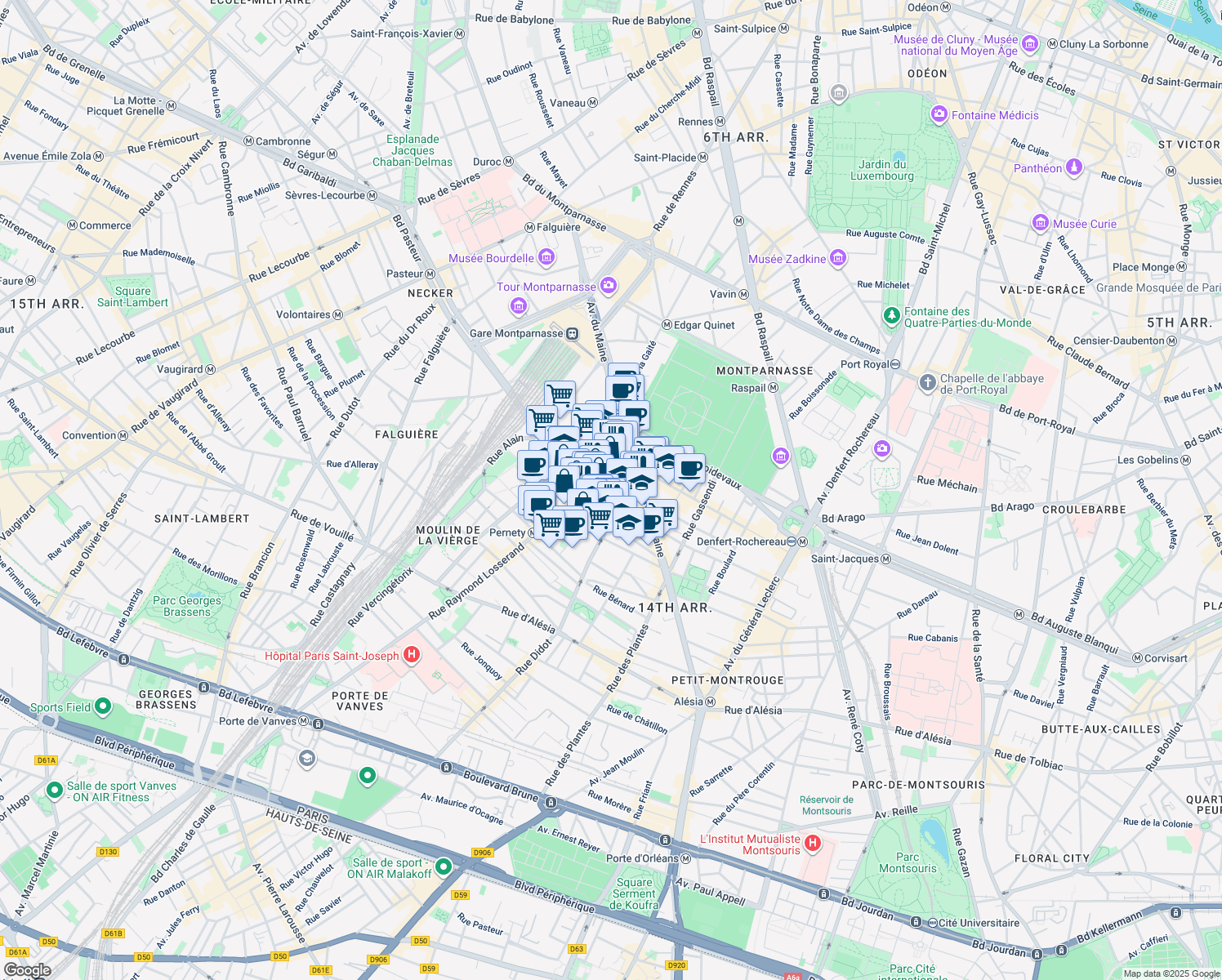 map of restaurants, bars, coffee shops, grocery stores, and more near 7 Rue Edouard Jacques in Paris
