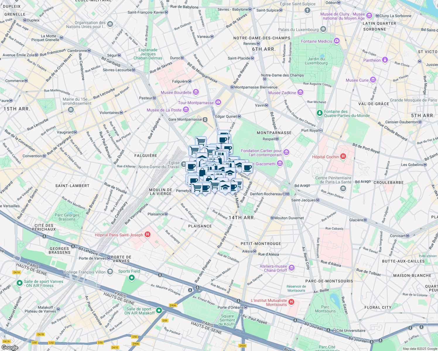 map of restaurants, bars, coffee shops, grocery stores, and more near 7 Rue Edouard Jacques in Paris
