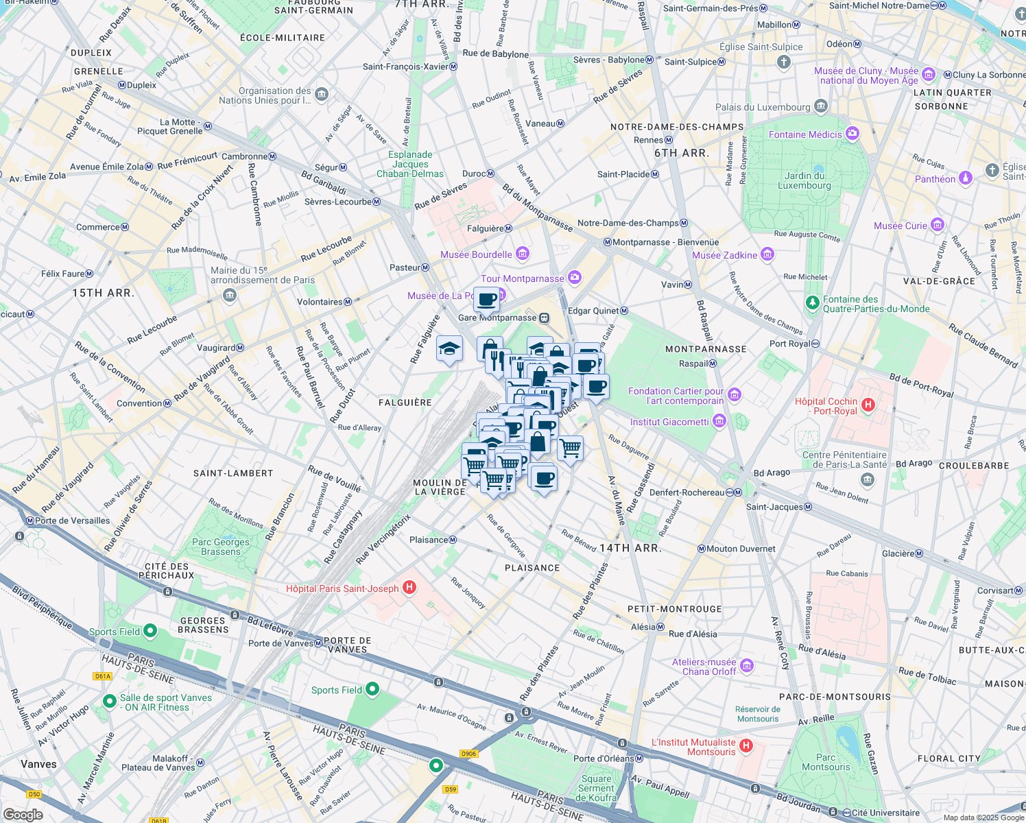 map of restaurants, bars, coffee shops, grocery stores, and more near 13 Place de Catalogne in Paris