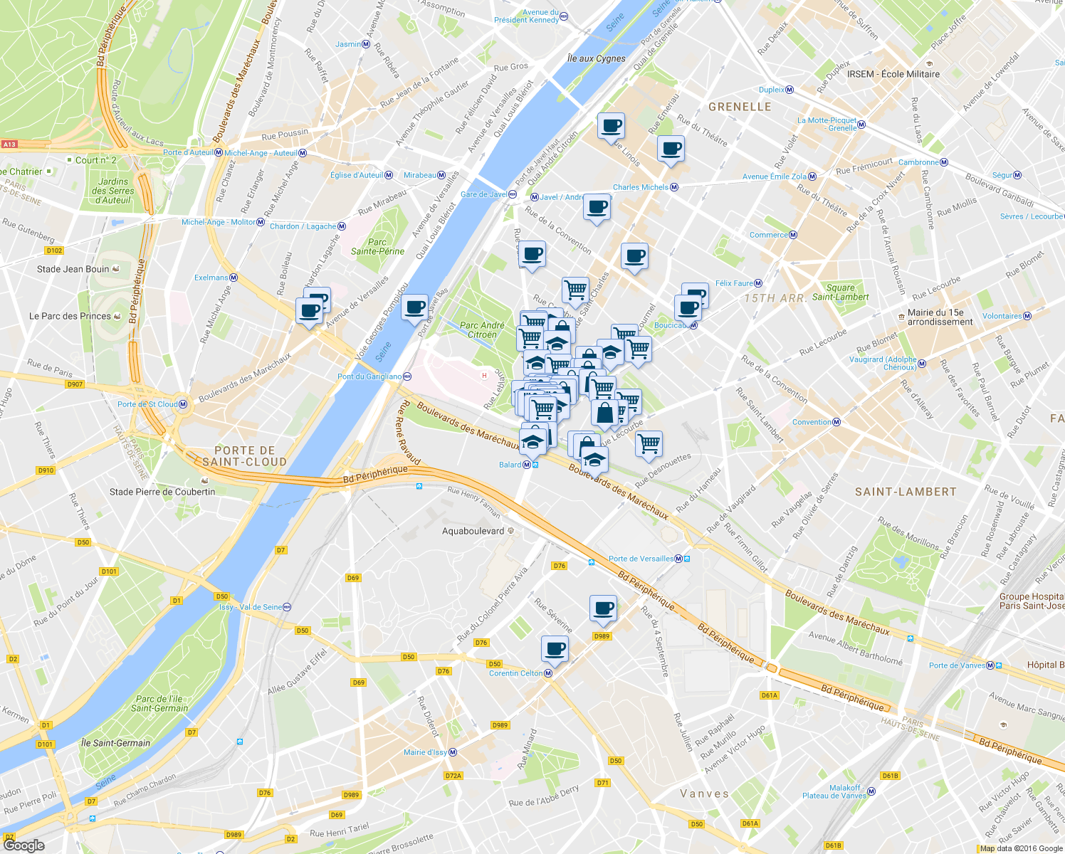 map of restaurants, bars, coffee shops, grocery stores, and more near 85 Rue Leblanc in Paris